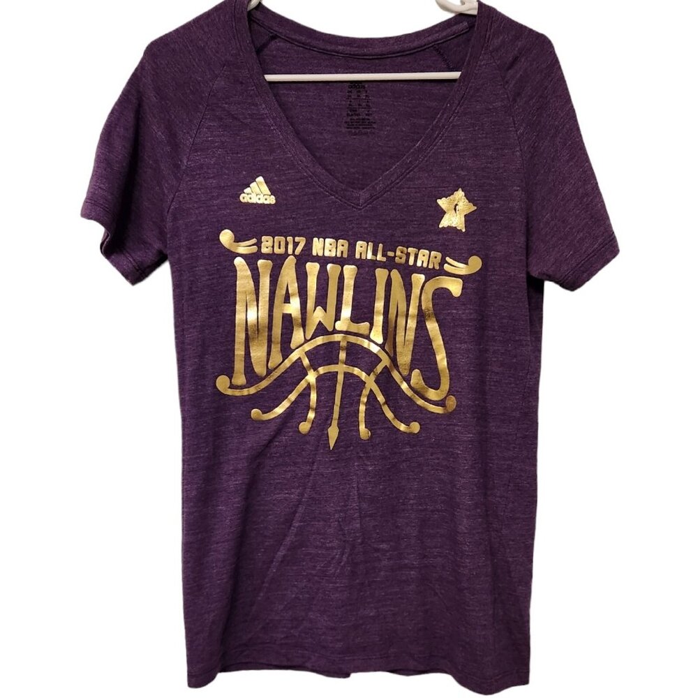 Womens Adidas 2017‎ NBA Stars Shirt Nawlins  New Orleans Purple Gold Letters XL